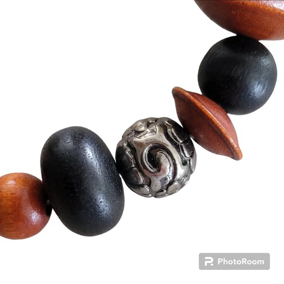 Bohemian Chunky Necklace Wooden Beads Black &Terracotta wSilver Metal Accents - Picture 4 of 5